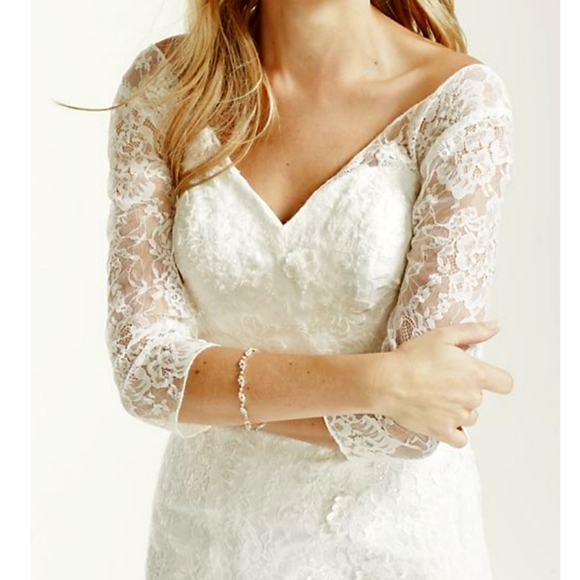 ¾ Sleeve All Over Lace Trumpet Wedding Dress-Size 6/8 - Picture 3 of 17